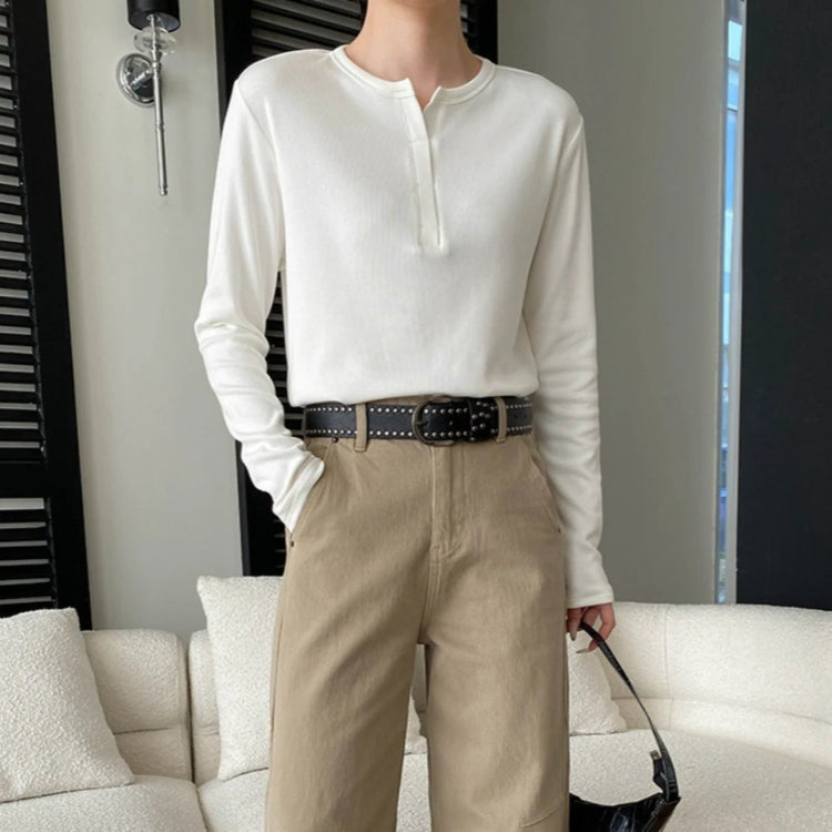 Button-Neck Relaxed Long-Sleeve Top