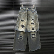 Layered Distressed Wide-Leg Jeans