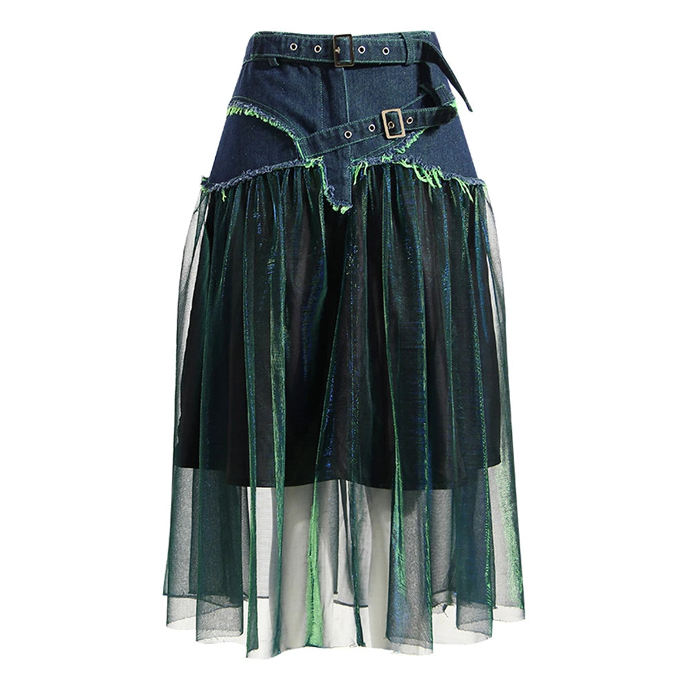 Sheer-Overlay Contrast-Panel Skirt
