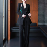 TWOTWINSTYLE Solid Spliced 3D Flower Two Piece Set Female V Neck Long Sleeve Jacket Office Lady Women's Trousers Set Fashion New