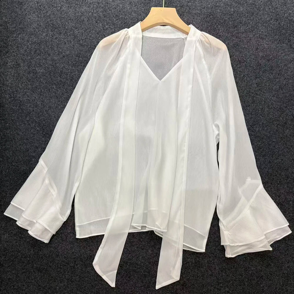 V-Neck Flared-Cuff Blouse