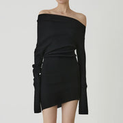 Asymmetric-Neck Long-Sleeve Mini Dress