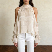 Cold-Shoulder High-Neck Blouse
