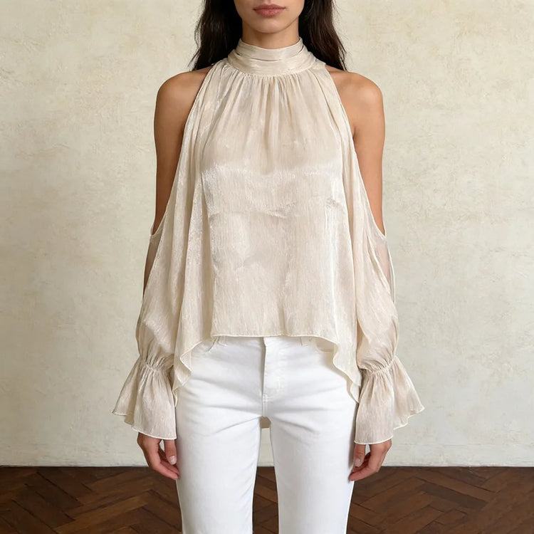 Cold-Shoulder High-Neck Blouse