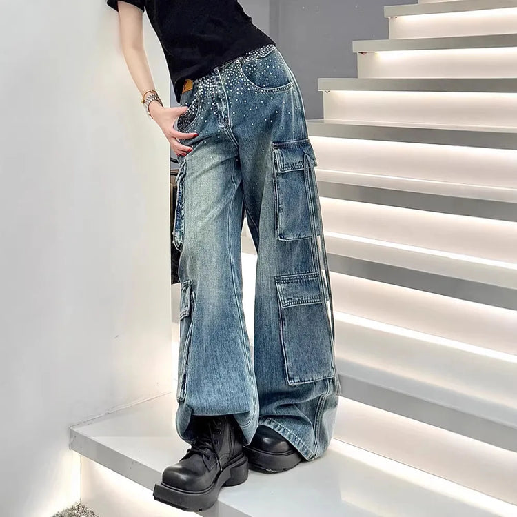 Embellished Wide-Leg Cargo Jeans