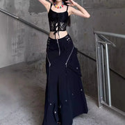 Zip-Detail Flared Long Skirt