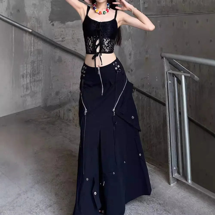 Zip-Detail Flared Long Skirt