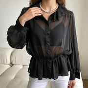 Sheer Ruffle-Collar Peplum Blouse