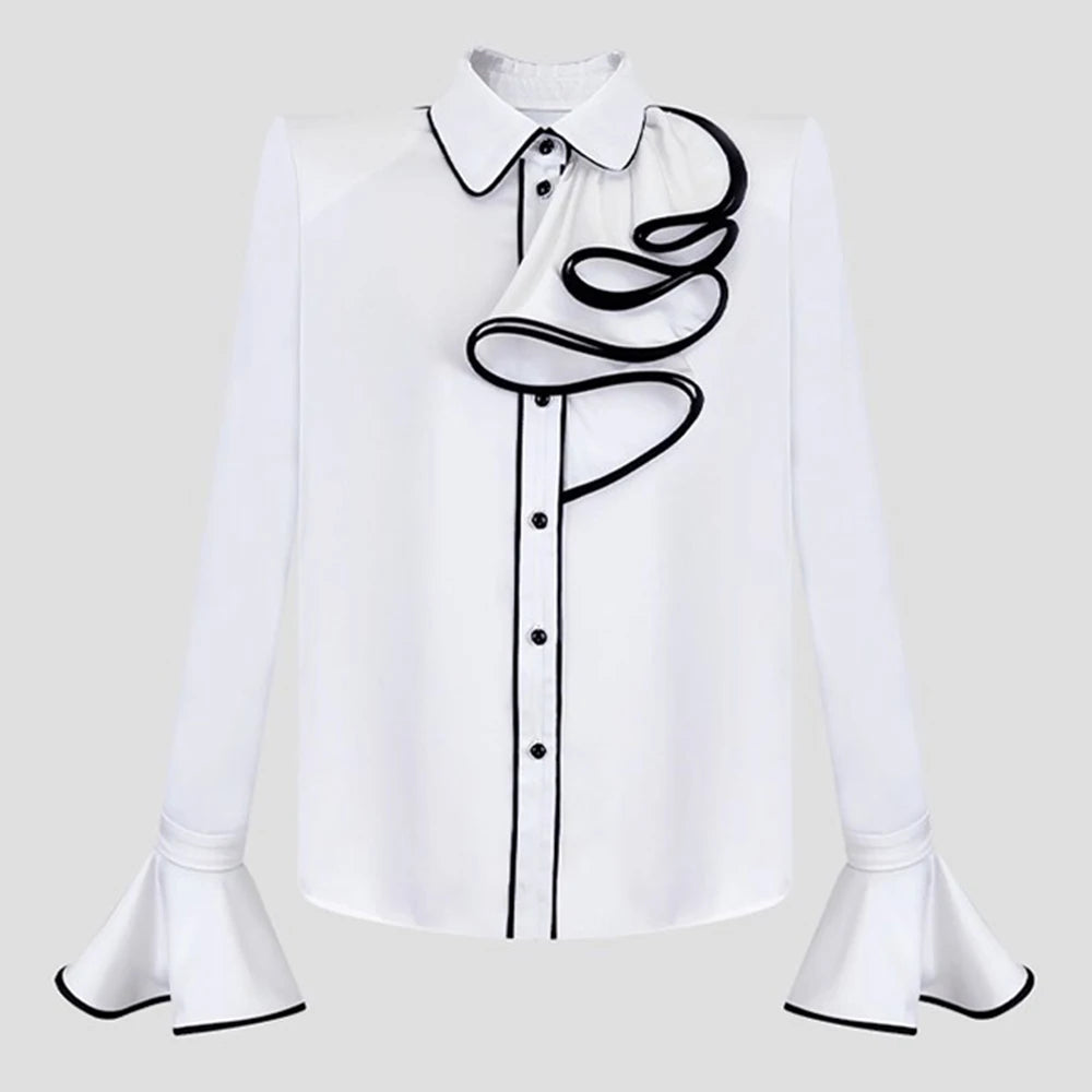 Contrast Ruffle Button-Up Blouse
