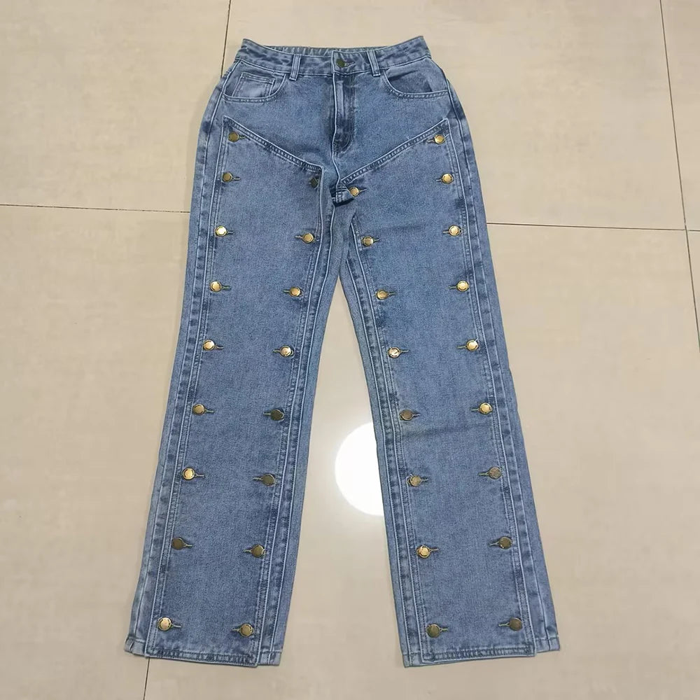 Button-Detail Straight-Leg Jeans