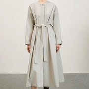 Collarless Tie-Waist Long Coat