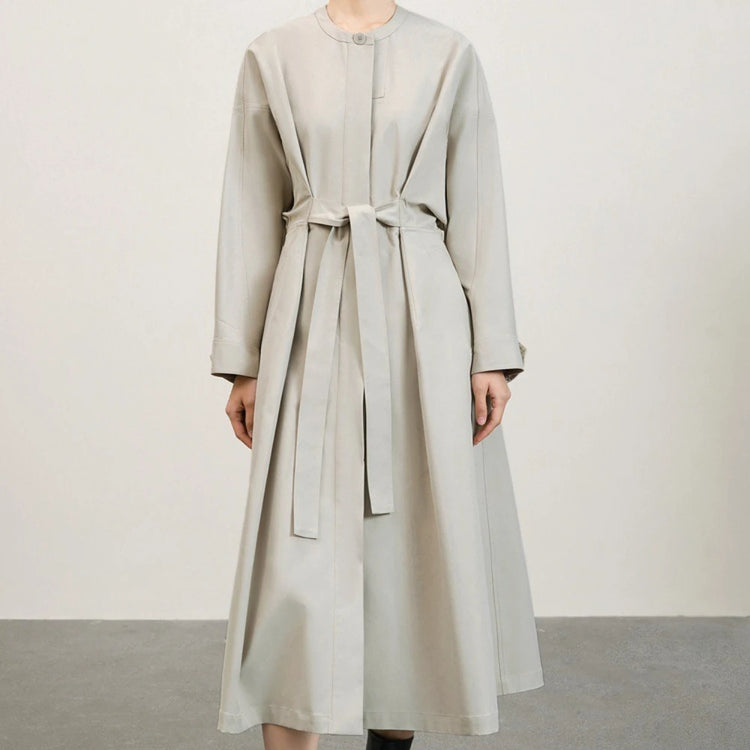 Collarless Tie-Waist Long Coat