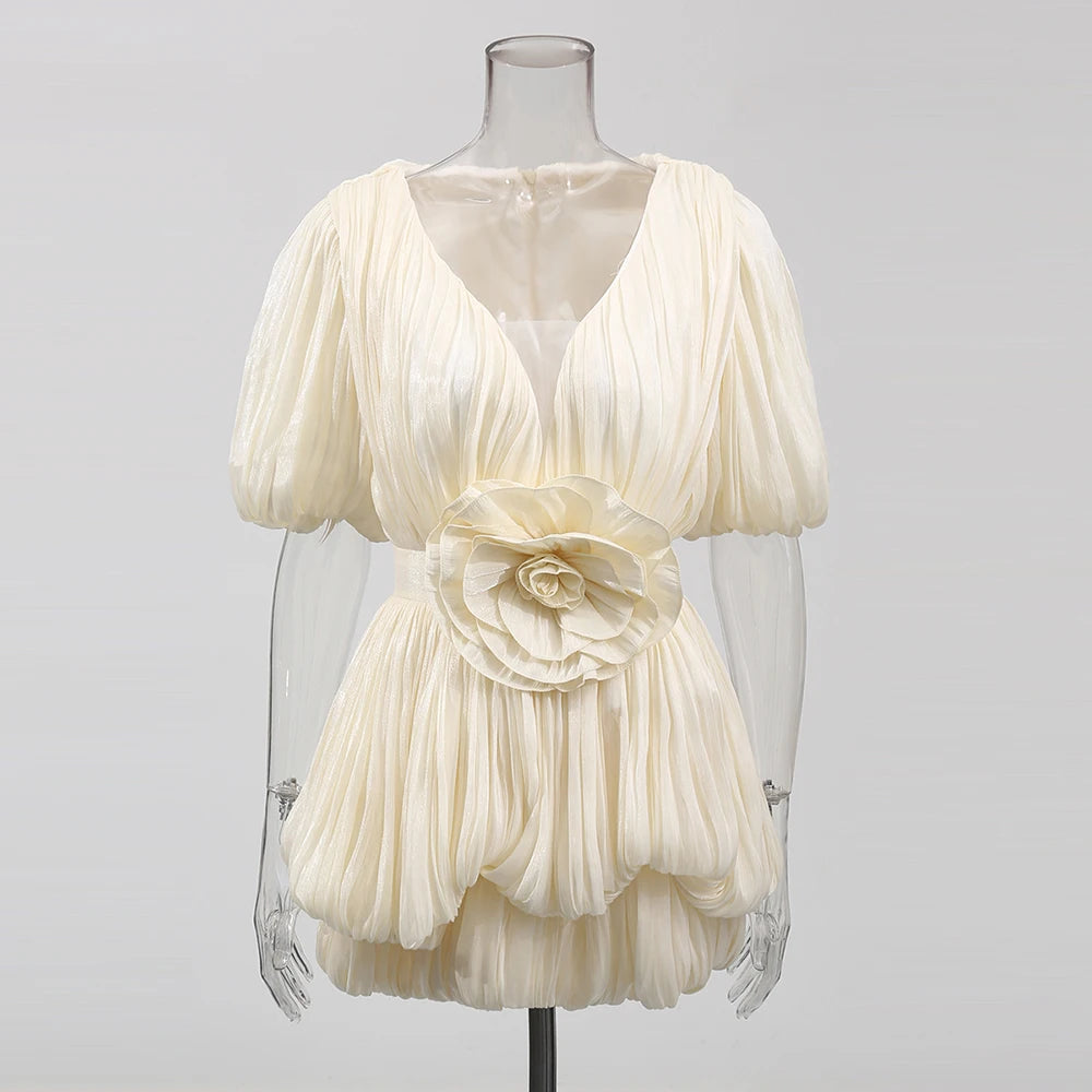 Rosette Puff-Sleeve Mini Dress
