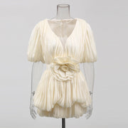 Rosette Puff-Sleeve Mini Dress