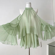TWOTWINSTYLE Green Spliced Sheer Two Piece Set Female Halter Long Sleeve Loose Shirt Sweet Women's Skirt Set Summer Fashion New
