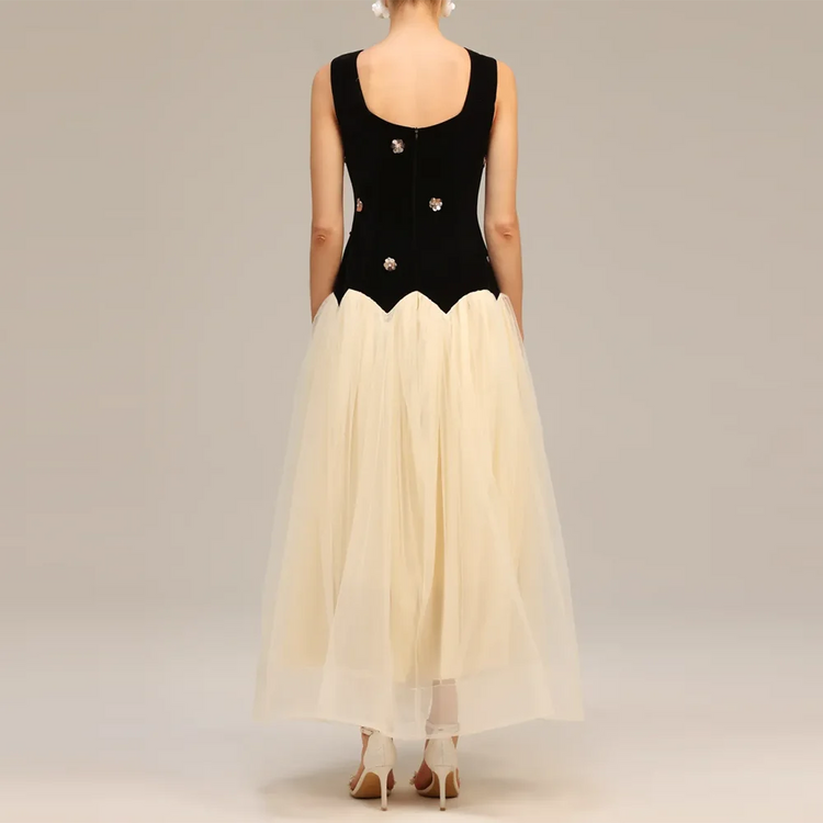 Contrast-Bodice Sleeveless Long Dress