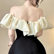 Contrast-Ruffle Off-Shoulder Romper