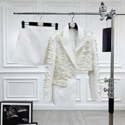 TWOTWINSTYLE White Spliced Pearls Two Piece Set Female Lapel Long Sleeve Jacket Light Luxury Women's Skirt Set Fashion Style