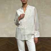 Sheer-Sleeve Floral Tie-Waist Blouse