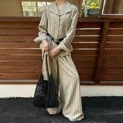 TWOTWINSTYLE Casual Striped Two Piece Set for Women Lapel Long Sleeves Spliced Pockets Top High Waist Wide Leg Pant Sets Female