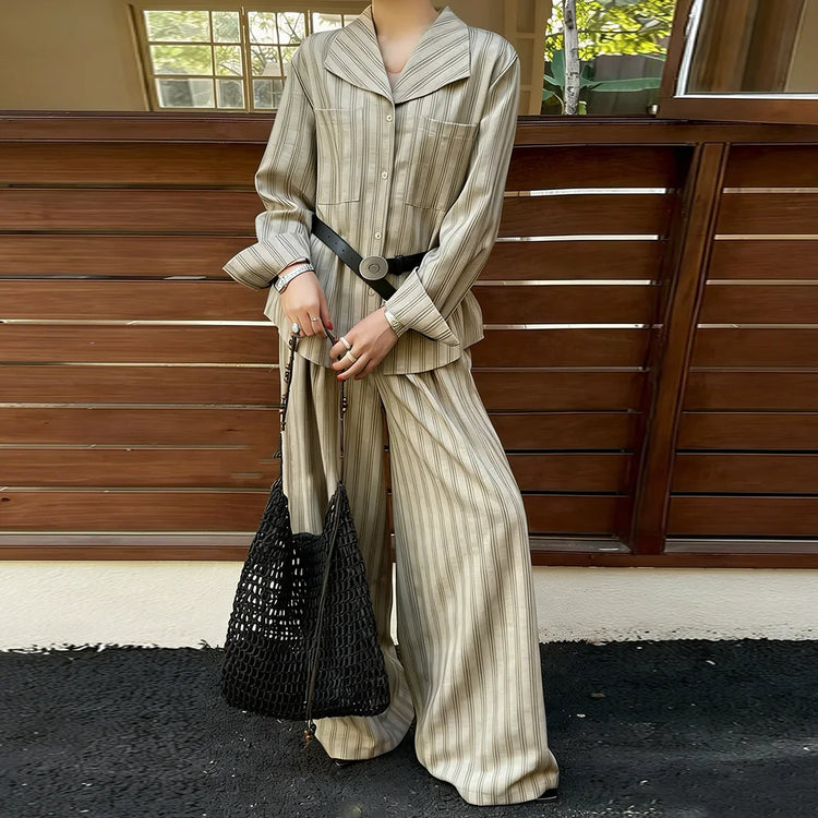 TWOTWINSTYLE Casual Striped Two Piece Set for Women Lapel Long Sleeves Spliced Pockets Top High Waist Wide Leg Pant Sets Female