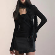 TWOTWINSTYLE Solid Two Piece Set Female Square Collar Long Sleeve T Shirt Vintage Korean Women's Spliced Fur Scarf Fashion Set