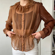 Sheer Ruffle-Collar Peplum Blouse