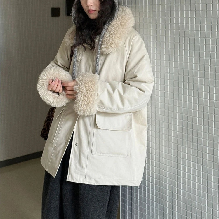 Fluffy-Trim Patch-Pocket Coat