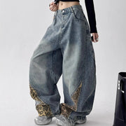 Leopard-Panel Barrel-Leg Jeans