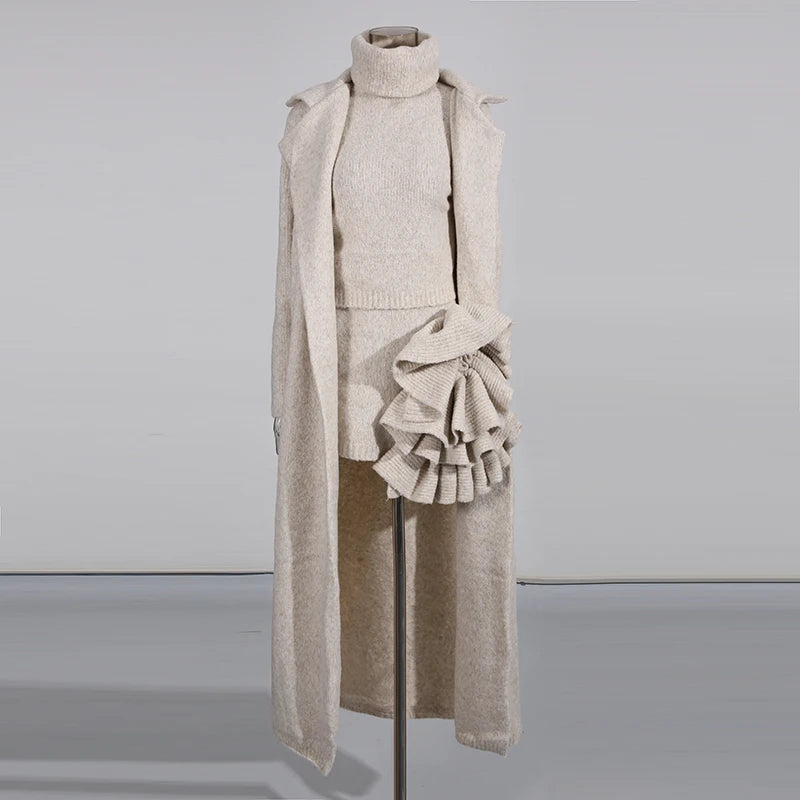Textured Coat, Top and Skirt Set