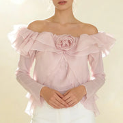Rosette Off-Shoulder Ruffle Blouse