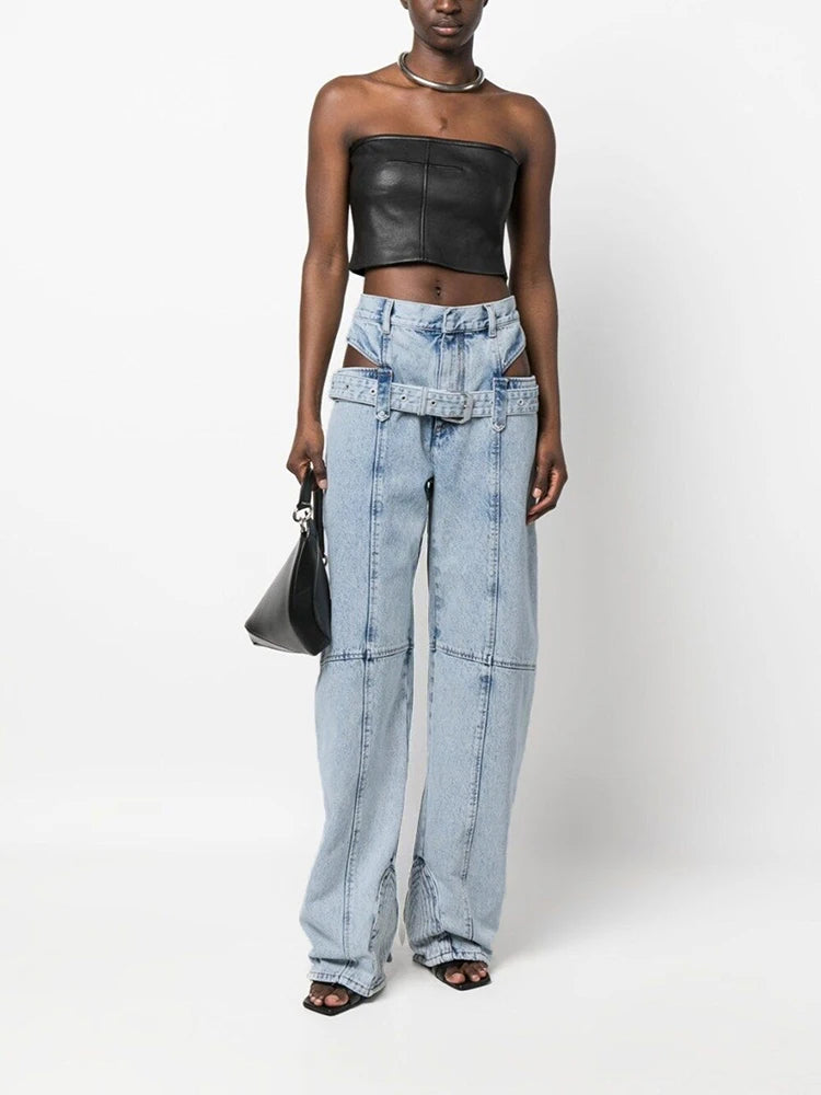 Cutout-Waist Wide-Leg Jeans