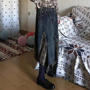 Plaid-Panel Asymmetric Skirt