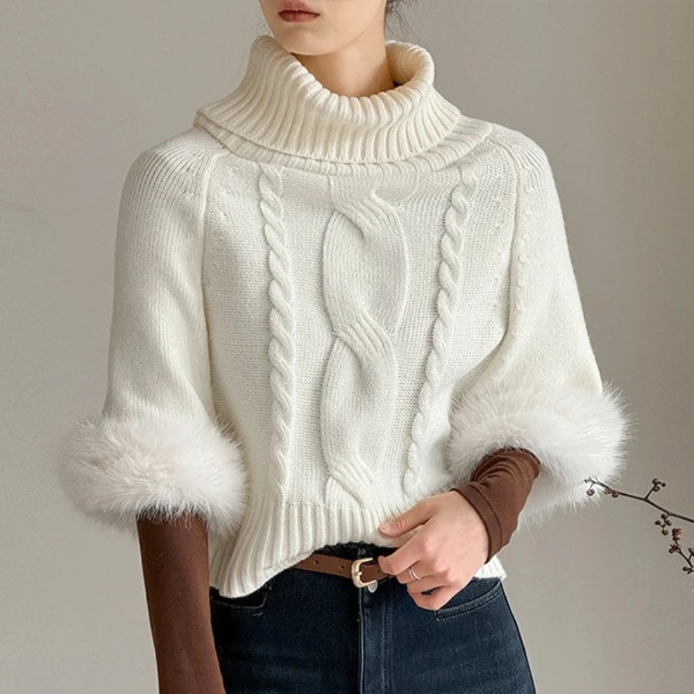 Fluffy-Cuff Cable-Knit Sweater