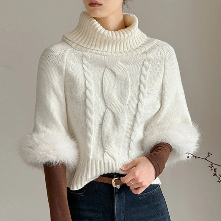 Fluffy-Cuff Cable-Knit Sweater