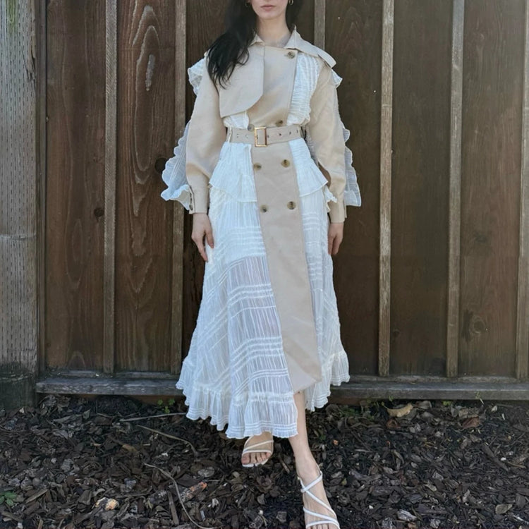 Pleated-Panel Long Trench Coat