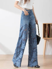 Lace-Panel Wide-Leg Jeans