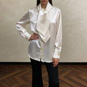 Draped-Neck Button-Front Blouse