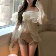 Rosette Off-Shoulder Ruffle Blouse