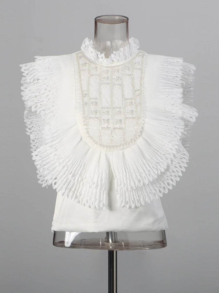 Ruffled-Bib Sleeveless Blouse