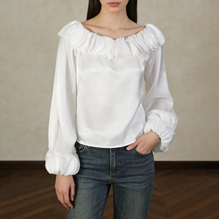 Ruffle-Neck Balloon-Sleeve Blouse