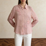 Floral-Detail Sheer Button Shirt
