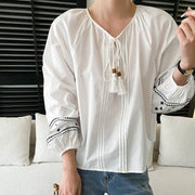 Tassel-Neck Embroidered-Cuff Blouse