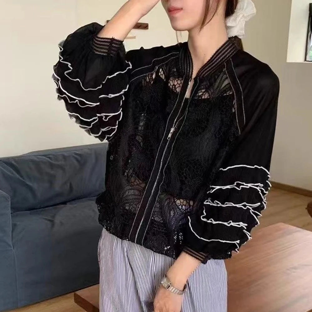 Ruffle-Sleeve Lace-Panel Jacket