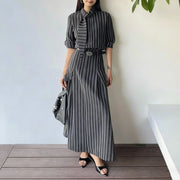 TWOTWINSTYLE Fashion Striped Two Piece Sets for Women Round Neck Long Sleeves Top High Waist Spliced Folds Skirt Set Female New