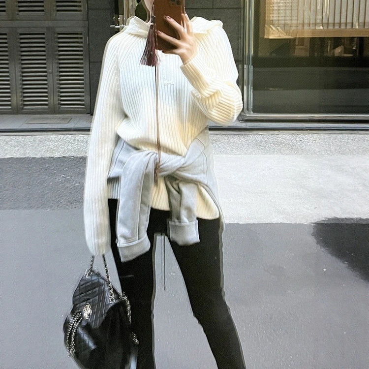 Ribbed Hooded Zip-Up Cardigan