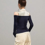 Contrast-Collar Cold-Shoulder Top