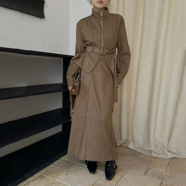 TWOTWINSTYLE Solid Spliced Sashes Two Piece Set Female Turtleneck Long Sleeve Jacket Streetwear Retro Women's Skirt Set Fashion