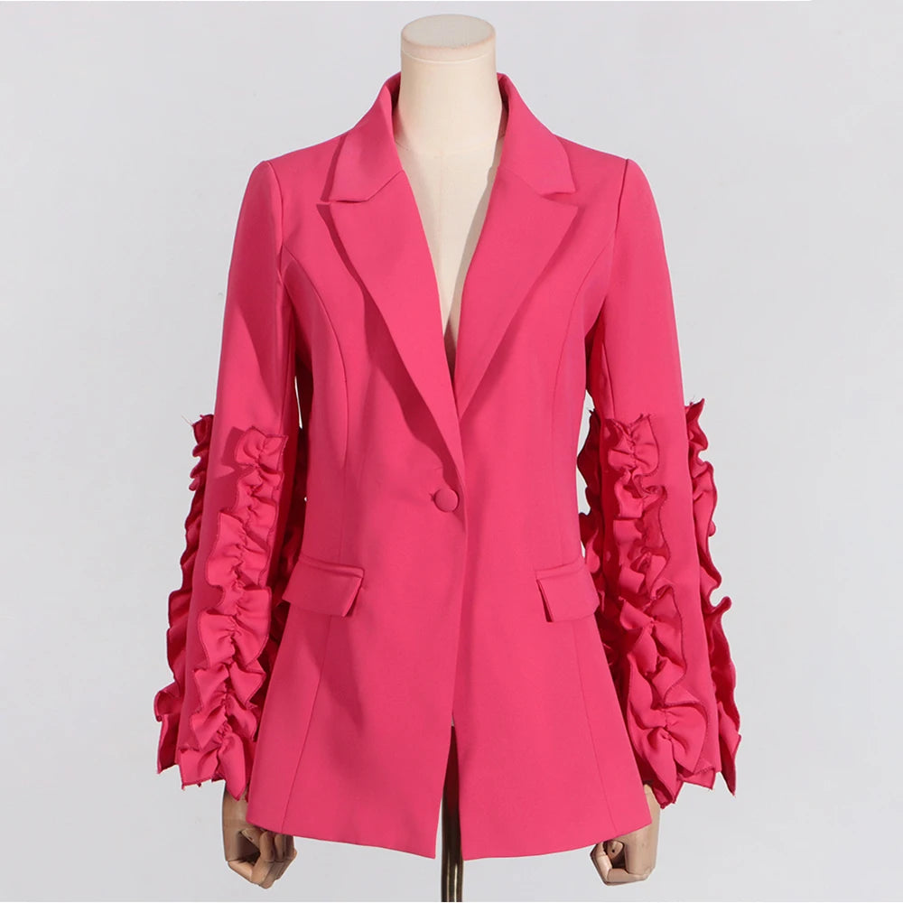 Ruffle-Sleeve Single-Button Blazer
