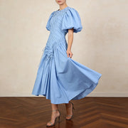 Ruched Puff-Sleeve Midi Dress